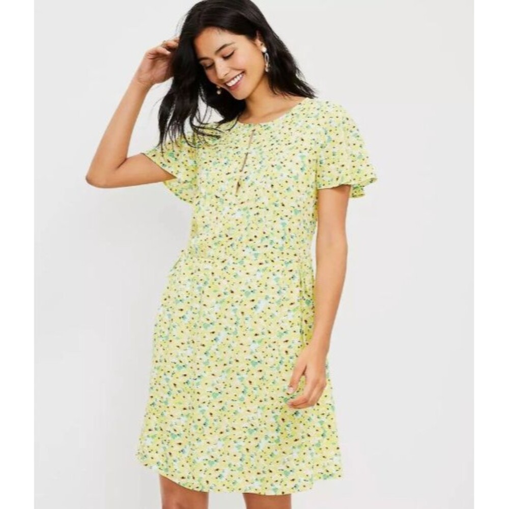 Loft Floral Pintucked Pleated Yellow Side Tie Button Flutter Sleeves Dress Sz S